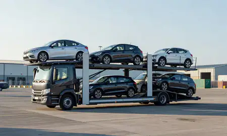 Car transporter loaded with vehicles in Widnes, Merseyside, United Kingdom
