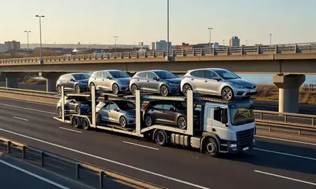 Car transporter with the Widnes, Merseyside, United Kingdom skyline behind it