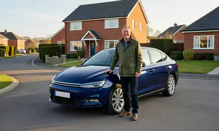 Customer with their delivered car in Mid Glamorgan, United Kingdom