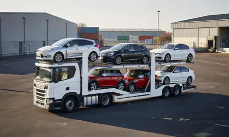 Car transporter loaded with vehicles in Mid Glamorgan, United Kingdom