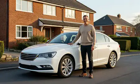 Customer with their delivered car in Bridgend, Mid Glamorgan, United Kingdom