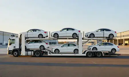 Car transporter parked in an industrial area of Bridgend, Mid Glamorgan, United Kingdom