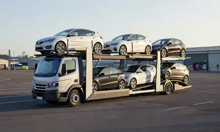Car transporter loaded with vehicles in Bridgend, Mid Glamorgan, United Kingdom