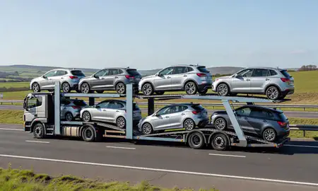 Multi-level car carrier on the motorway to Merthyr Tydfil, Mid Glamorgan, United Kingdom