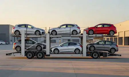Car transporter parked in an industrial area of Merthyr Tydfil, Mid Glamorgan, United Kingdom