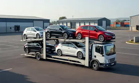 Car transporter loaded with vehicles in Merthyr Tydfil, Mid Glamorgan, United Kingdom