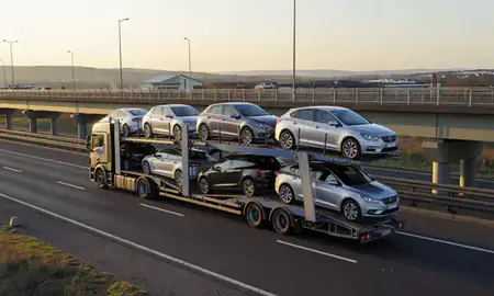 Car transporter with the Merthyr Tydfil, Mid Glamorgan, United Kingdom skyline behind it