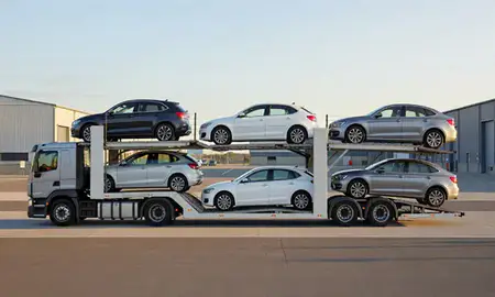Car transporter parked in an industrial area of Norfolk, United Kingdom
