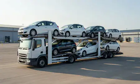 Car transporter loaded with vehicles in Norfolk, United Kingdom