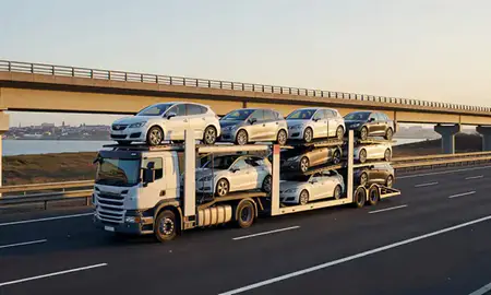 Car transporter with the Norfolk, United Kingdom skyline behind it