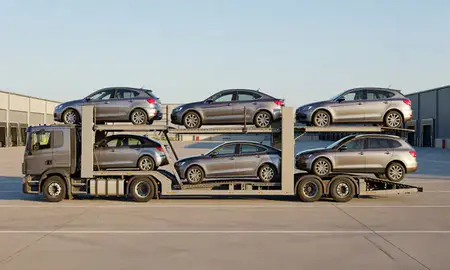 Car transporter parked in an industrial area of Great Yarmouth, Norfolk, United Kingdom