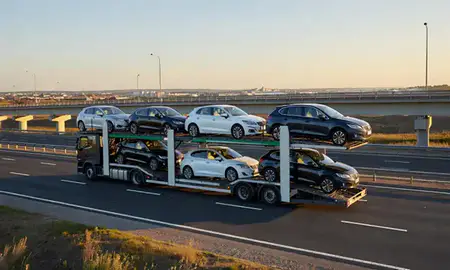Car transporter with the Great Yarmouth, Norfolk, United Kingdom skyline behind it