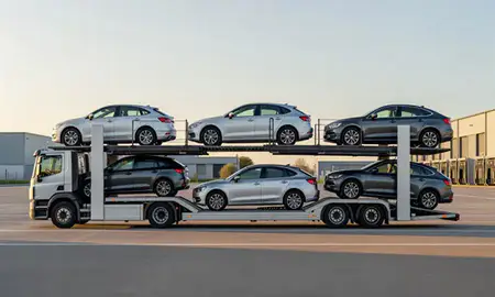 Car transporter parked in an industrial area of King's Lynn, Norfolk, United Kingdom