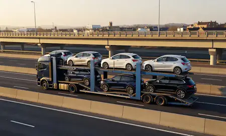 Car transporter with the King's Lynn, Norfolk, United Kingdom skyline behind it