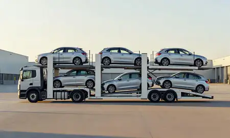 Car transporter parked in an industrial area of Norwich, Norfolk, United Kingdom