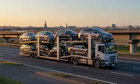 Car transporter with the Norwich, Norfolk, United Kingdom skyline behind it