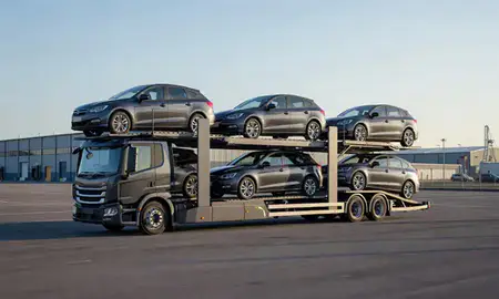 Car transporter loaded with vehicles in North Lanarkshire, United Kingdom