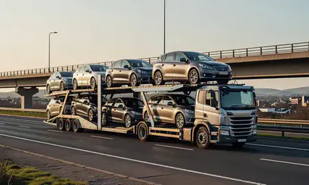 Car transporter with the North Lanarkshire, United Kingdom skyline behind it