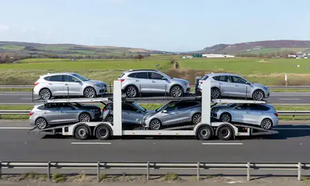 Multi-level car carrier on the motorway to Airdrie, North Lanarkshire, United Kingdom