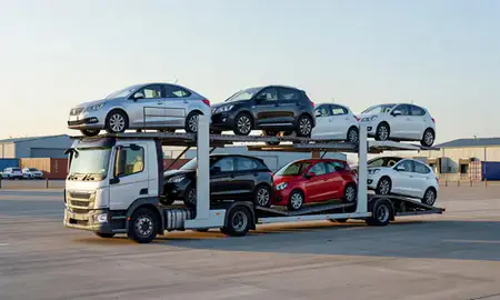 Car transporter loaded with vehicles in Airdrie, North Lanarkshire, United Kingdom