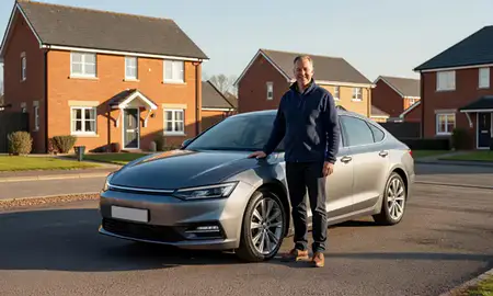 Customer with their delivered car in Coatbridge, North Lanarkshire, United Kingdom