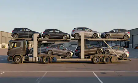 Car transporter parked in an industrial area of Coatbridge, North Lanarkshire, United Kingdom