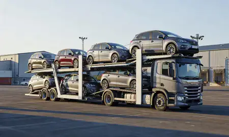 Car transporter loaded with vehicles in Coatbridge, North Lanarkshire, United Kingdom