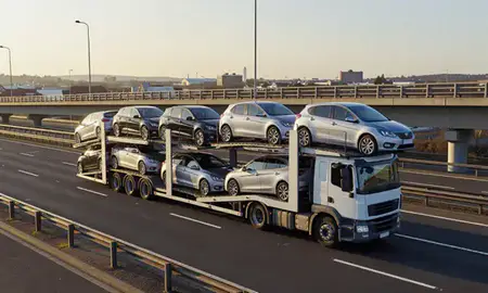 Car transporter with the Coatbridge, North Lanarkshire, United Kingdom skyline behind it