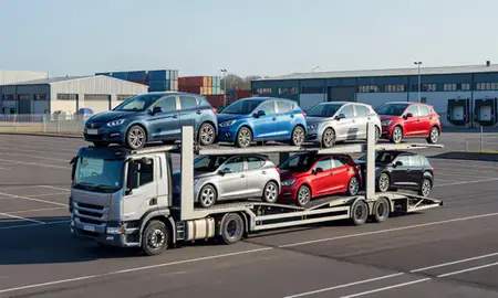 Car transporter loaded with vehicles in Cumbernauld, North Lanarkshire, United Kingdom