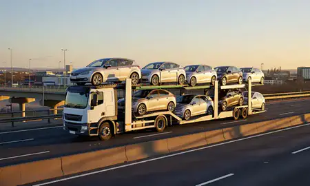 Car transporter with the Cumbernauld, North Lanarkshire, United Kingdom skyline behind it