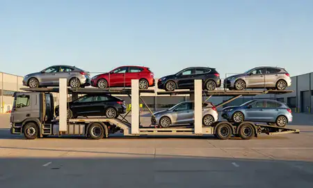Car transporter parked in an industrial area of North Yorkshire, United Kingdom