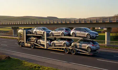 Car transporter with the North Yorkshire, United Kingdom skyline behind it