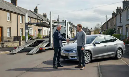 Vehicle owner beside their delivered car in Harrogate, North Yorkshire, United Kingdom
