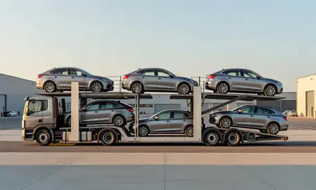 Car transporter parked in an industrial area of Harrogate, North Yorkshire, United Kingdom
