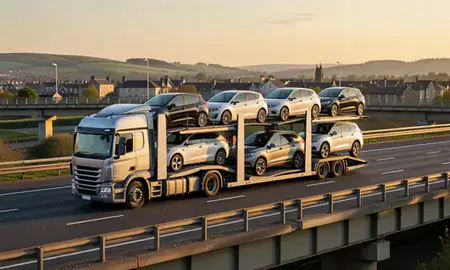 Car transporter with the Harrogate, North Yorkshire, United Kingdom skyline behind it
