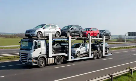 Multi-level car carrier on the motorway to Middlesbrough, North Yorkshire, United Kingdom