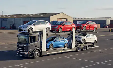 Car transporter loaded with vehicles in Middlesbrough, North Yorkshire, United Kingdom