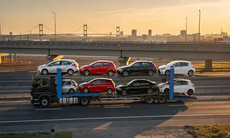 Car transporter with the Middlesbrough, North Yorkshire, United Kingdom skyline behind it