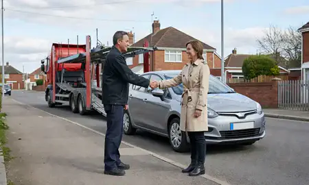 Vehicle owner beside their delivered car in Redcar, North Yorkshire, United Kingdom