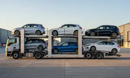 Car transporter parked in an industrial area of Redcar, North Yorkshire, United Kingdom