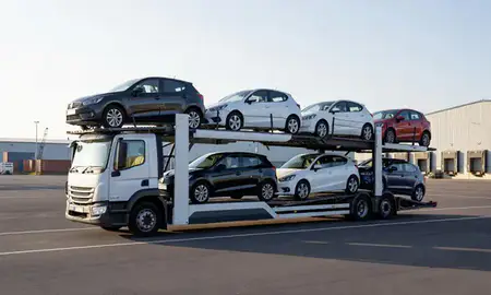 Car transporter loaded with vehicles in Redcar, North Yorkshire, United Kingdom