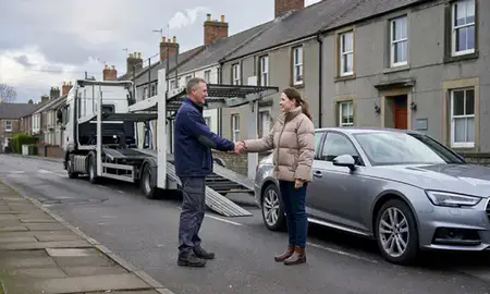 Vehicle owner beside their delivered car in Scarborough, North Yorkshire, United Kingdom