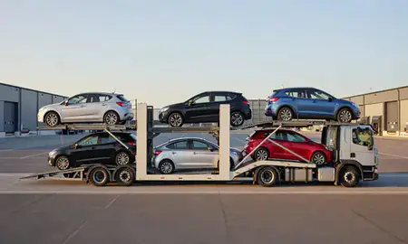 Car transporter parked in an industrial area of Scarborough, North Yorkshire, United Kingdom