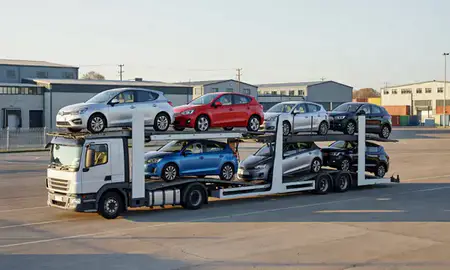 Car transporter loaded with vehicles in Scarborough, North Yorkshire, United Kingdom