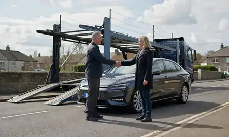 Vehicle owner beside their delivered car in York, North Yorkshire, United Kingdom