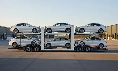 Car transporter parked in an industrial area of York, North Yorkshire, United Kingdom