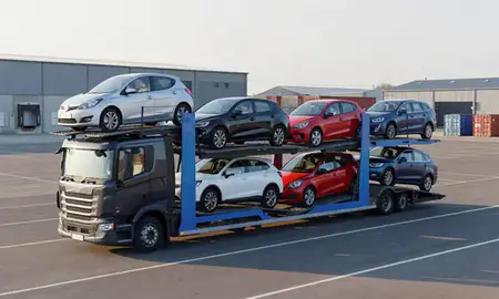 Car transporter loaded with vehicles in York, North Yorkshire, United Kingdom