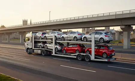 Car transporter with the York, North Yorkshire, United Kingdom skyline behind it