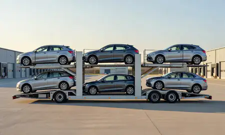 Car transporter parked in an industrial area of Northamptonshire, United Kingdom