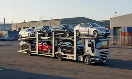 Car transporter loaded with vehicles in Northamptonshire, United Kingdom